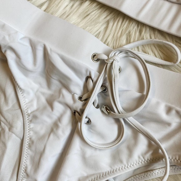 White High Waisted Lace Up Scoop Bust Bikini - Picture 8 of 12